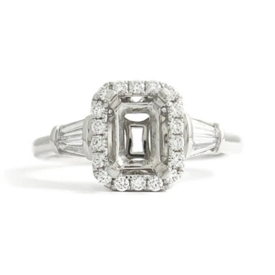 Tapered Baguette Diamond Halo Engagement Ring Setting Mounting Platinum .47 CTW - Image 1 of 4