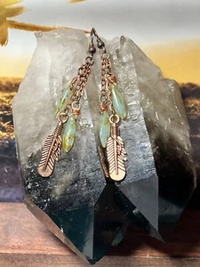 Green Glass and Copper Feather Earrings - Drop Earrings with Chain - Handcraft - Picture 1 of 4