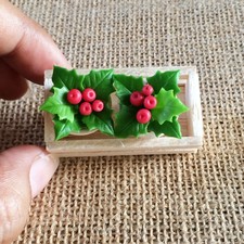 2 Dollhouse Miniatures Holly Christmas Flower Plant in White Terracotta Pots 