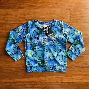 Bonds Digi Sweats Jungle Palm Leaves  Blue Green Jumper BNWT Size 7 - Picture 1 of 2