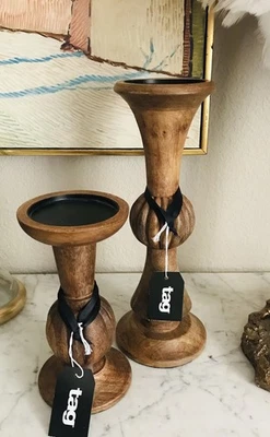 TAG Wooden Pillar Candle Holders Pair (2) Rustic Boho NWT - Image 1 of 2