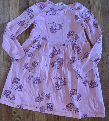 H&M Girls Unicorn PRINT  Dress Size 6-7 LONG SLEEVE  PINK HOLIDAY - Image 1 of 4