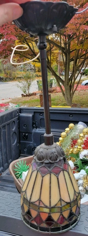 Vintage Quoizel Collection Stained Glass Pendant TF1541VB West End Bronze Design - Image 1 of 4