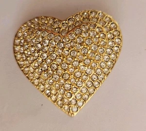 VINTAGE JOAN RIVERS Gold Rhinestone Double Heart Pin Brooch Valentines Day Love - Picture 1 of 6