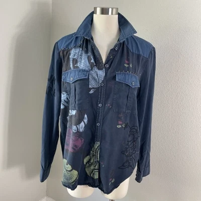 Camisa Desigual Disney Para Mujer XL Azul Mickey Mouse Minnie Mouse Tachonada Abotonada Foto 1 de 4