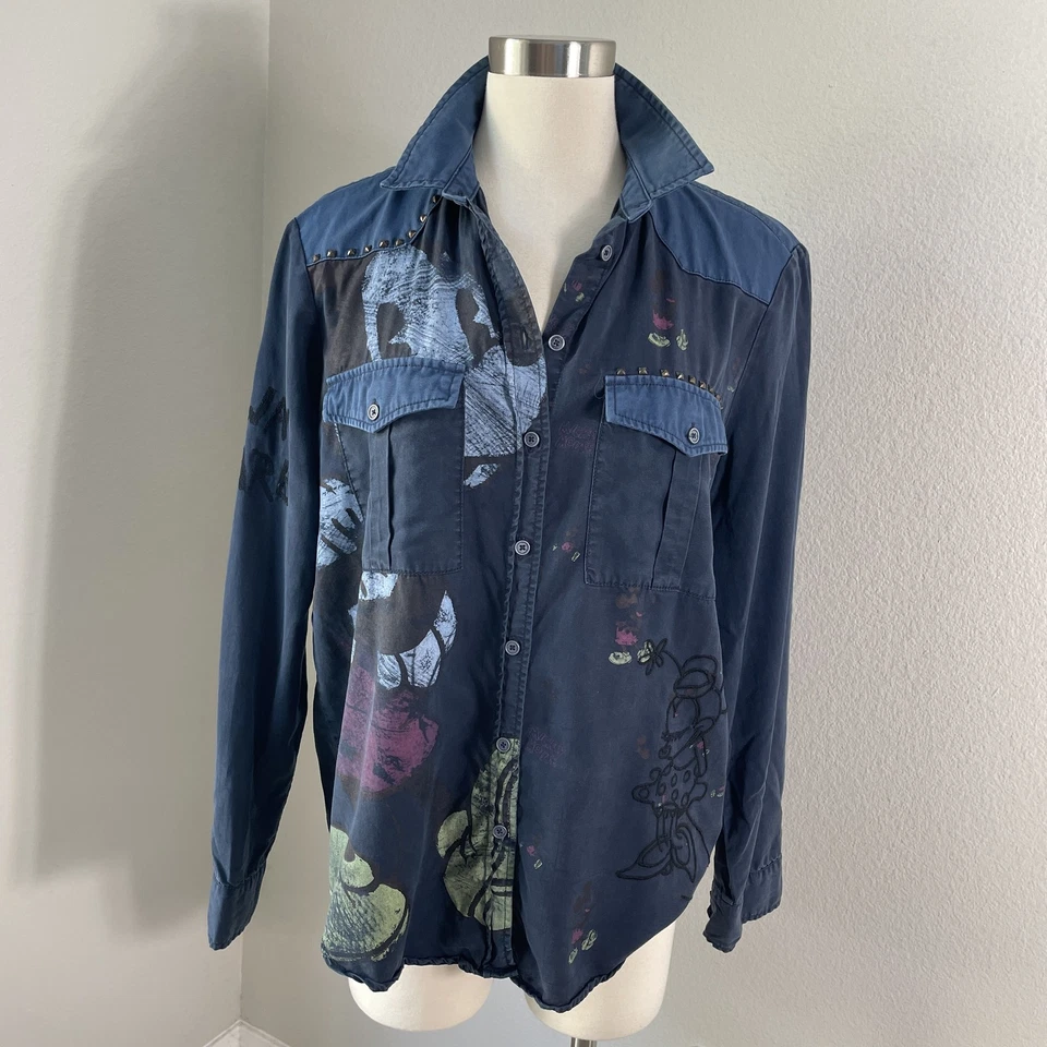 Desigual Disney Shirt Womens XL Blue Mickey Mouse Minnie Mouse Studded Button Up - Image 1 of 4