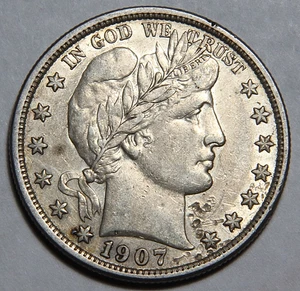 Medio dólar barbero estadounidense 1907-S 50c bonito detalle como nuevo -4054- - Imagen 1 de 4
