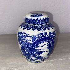 Small VIntage Chinese Lidded Ginger Jar Blue And White Dragon Design