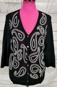 Neiman Marcus Gr. XL Perlen Knopfleiste Strickjacke schwarz weiß Perlen Seidenmischung - Bild 1 von 6