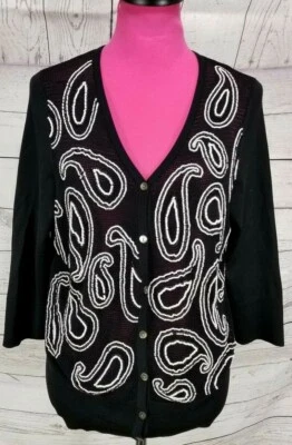 Cárdigan Neiman Marcus Talla XL Con Cuentas Abotonadas Negro Blanco Cuentas Mezcla Seda Foto 1 de 4
