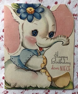 Tarjeta de felicitación de cumpleaños troquelada vintage de mediados de siglo lindo elefante de orejas rosa - Imagen 1 de 5