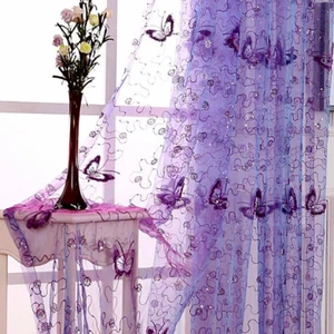 WINYY Sequins Butterfly Sheer Voile Curtain for Bedroom Kitchen Window Purple Cu - Picture 1 of 12