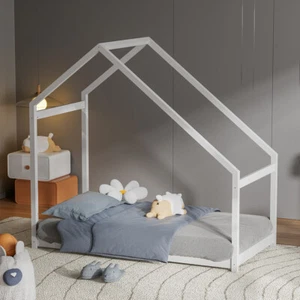 Solid Pine Wood Kids Toddlers Bed House Shape Frame Floor Slat Bedframe Bedstead - Picture 1 of 8