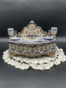 Antiker Schreibtisch 2 Lichter aus polychromem Steingut Manufaktur Fourmaintraux 1800 - Bild 1 von 24