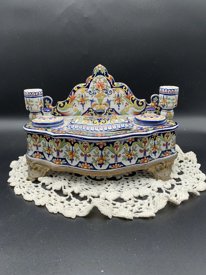 Écritoire Ancien 2 Lumières En Faïence Polychrome Manufacture Fourmaintraux 1800 - Photo 1/4