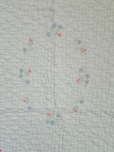 Vtg Baby Blanket Handmade Embroidered Tiny Flowers Sweet Blue Satin Trim  