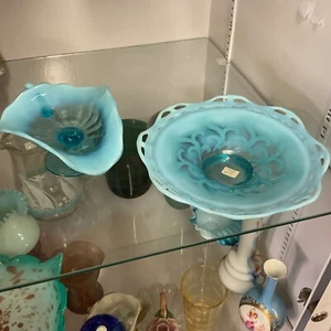 VTG JEFFERSON BLUE CORAL OPALESCENT 9" FOOTED ART GLASS COMPOTE DISH BOWL Lot - Picture 1 of 13