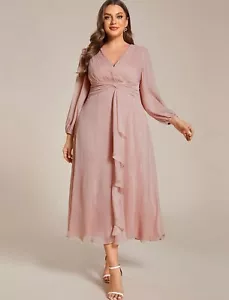 Ever-Pretty Women's V Neck A Line Pleated Tea Length Plus Size Midi Size 22 Pink - Picture 1 of 8