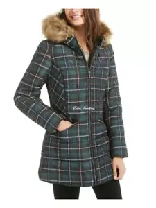 Gorgeous CELEBRITY PINK Green Plaid Puffer Parka Jacket Coat Faux Fur Hooded L - Picture 1 of 1