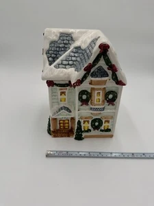 Vintage Porcelain Holiday Snow House Cookie Jar Christmas World Bazaars 9.5 in - Picture 1 of 17