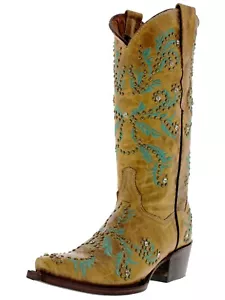 Stivali da cowboy sabbia vera pelle di mucca western distress pelle borchie taglio - Foto 1 di 7