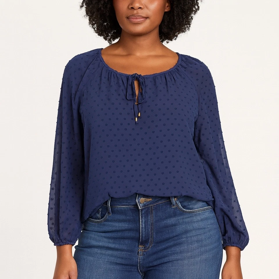 Blusa Ava & Viv Azul Marino Transparente Punto Suizo Manga Larga Talla Grande 1X Oficina Trabajo Foto 1 de 4