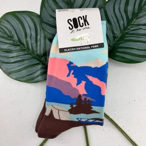 Sock It To Me Blue Brown Glacier National Park Nature Outdoor Novelty Crew Socks - Picture 1 of 6