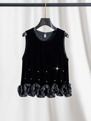 Chaleco chaleco chaleco cuello redondo terciopelo seda real negro sin mangas para mujer  Foto 1 de 4