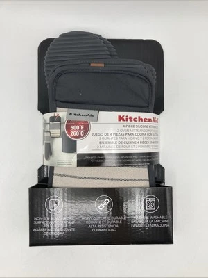 KitchenAid Juego de soporte para olla y guante para horno a rayas vintage, paquete de 4 grises Foto 1 de 4