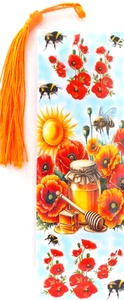 HONEY BEES/POPPY /SUN/FLOWERS-DOGS,CATS,PIXIES-BOOKMARKS-WITH TASSEL - Foto 1 di 1
