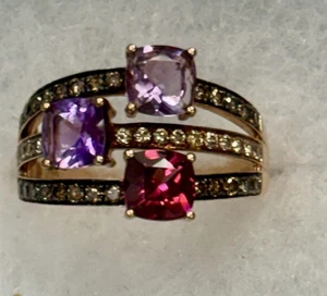 LeVian 14K Rose Gold Tourmaline, Amethyst, Chocolate & White Diamond Ring Sz. 9 - Picture 1 of 9
