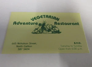Vegetarian Adventure - Restaurant - Business Card - North Carlton, Vic. - 1990s - Picture 1 of 5