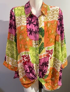Rose & Olive 3X Orange Pink Patchwork Style Knot Front Button Down New NWT - Picture 1 of 10