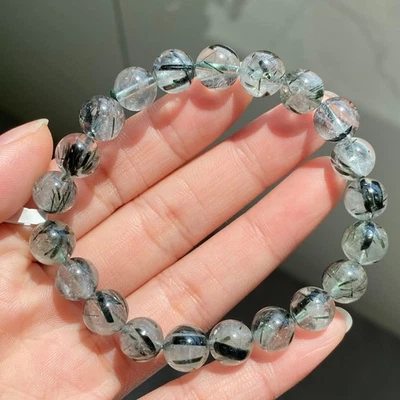 9mm Natural Green Tourmaline Rutilated Quartz Crystal Beads Bracelet 018 - Image 1 of 4