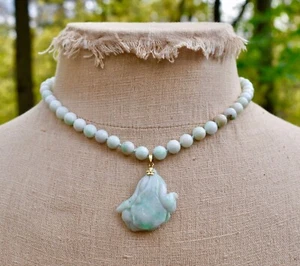 14K Yellow Gold Natural Jadeite Jade Pendant Moss in Snow Necklace 18 inches - Picture 1 of 8
