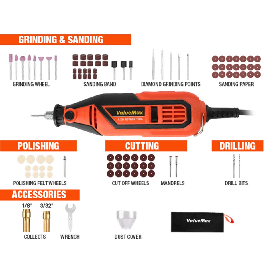 ValueMax 1.2Amp Corded Dremel Rotary Tool Kit w/Storage Case 5 Variable Speed - Image 1 of 4