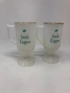 Set of 2 Vintage Irish Coffee Footed Mug Federal Milk Glass Gold Rim 1970's - Picture 1 of 9
