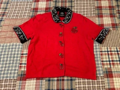 Michael Simon Event Medium Red Embroidered Apple Cardigan Pre-Owned - Image 1 of 4
