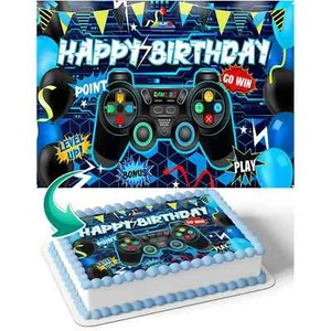 Gamer 1/4 Sheet Edible Cake Image Frosting Topper Happy Birthday Party - Picture 1 of 1