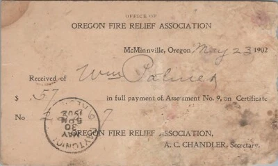 Oregon Fire Relief Association assessment McMinnville 1902 postal card B87 - Image 1 of 2