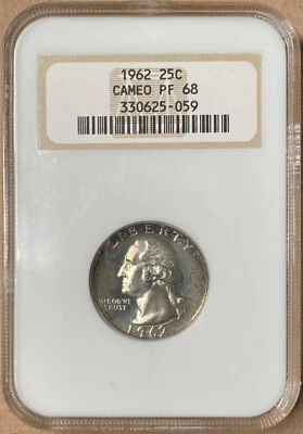 1962 NGC PF68 Cameo Proof Washington Silver Quarter 25c - Old Holder - Image 1 of 2