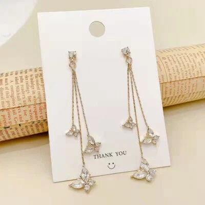 Gorgeous 925 Sterling Silver Women Earrings Crystal CZ Tassel Butterfly 1300 - Image 1 of 4