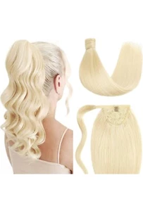 Ponytail Human Hair Wrap Around Clip in Hair Piece 16 Inch #60 Platinum Blonde - Picture 1 of 6