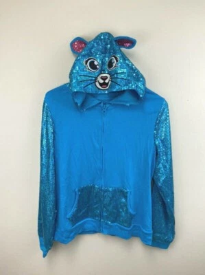 NWT Justice 16 Blue Sequin Mouse Face Ears Full Front Zip Hoodie Lightweight - Image 1 of 4