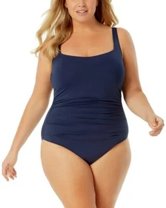 Anne Cole Plus Size Square Neck Shirred Bandeau One-Piece Navy 22W - Picture 1 of 2