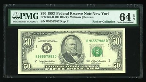 DBR 1993 $50 FRN New York Fr. 2125-B PMG 64 EPQ Serial B96557982D - Picture 1 of 2