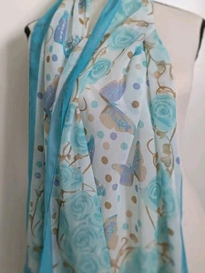 Vintage Aqua Blue Trim Silk Floral Scarf Wrap 60"x21" - Picture 1 of 6
