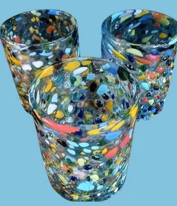 Vintage 3er Set Konfetti Lowball Glas Becher dick mundgeblasen strukturiert recycelt - Bild 1 von 5