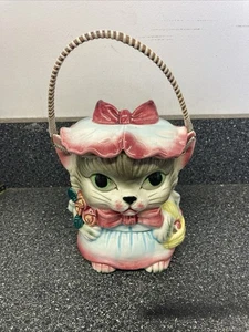 Tarro de galletas Royal Sealy Miss Kitty Cat de colección de los años 50 con mango Japón - Imagen 1 de 5