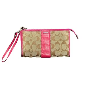 Coach Signature Wristlet Wallet in Light Khaki & Pink Ruby - Classic Jacquard - Picture 1 of 6